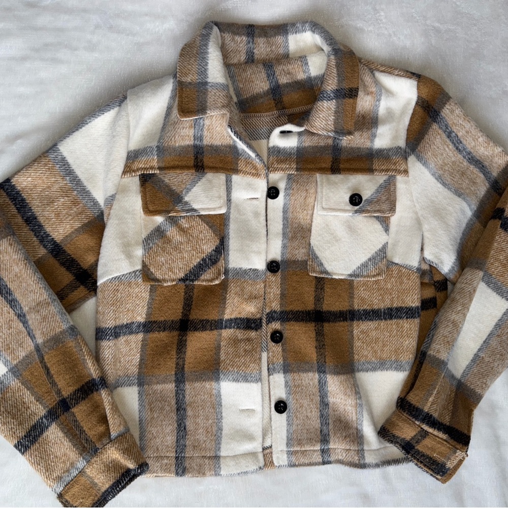 Women Plaid Shirt Jacket in Brown and White